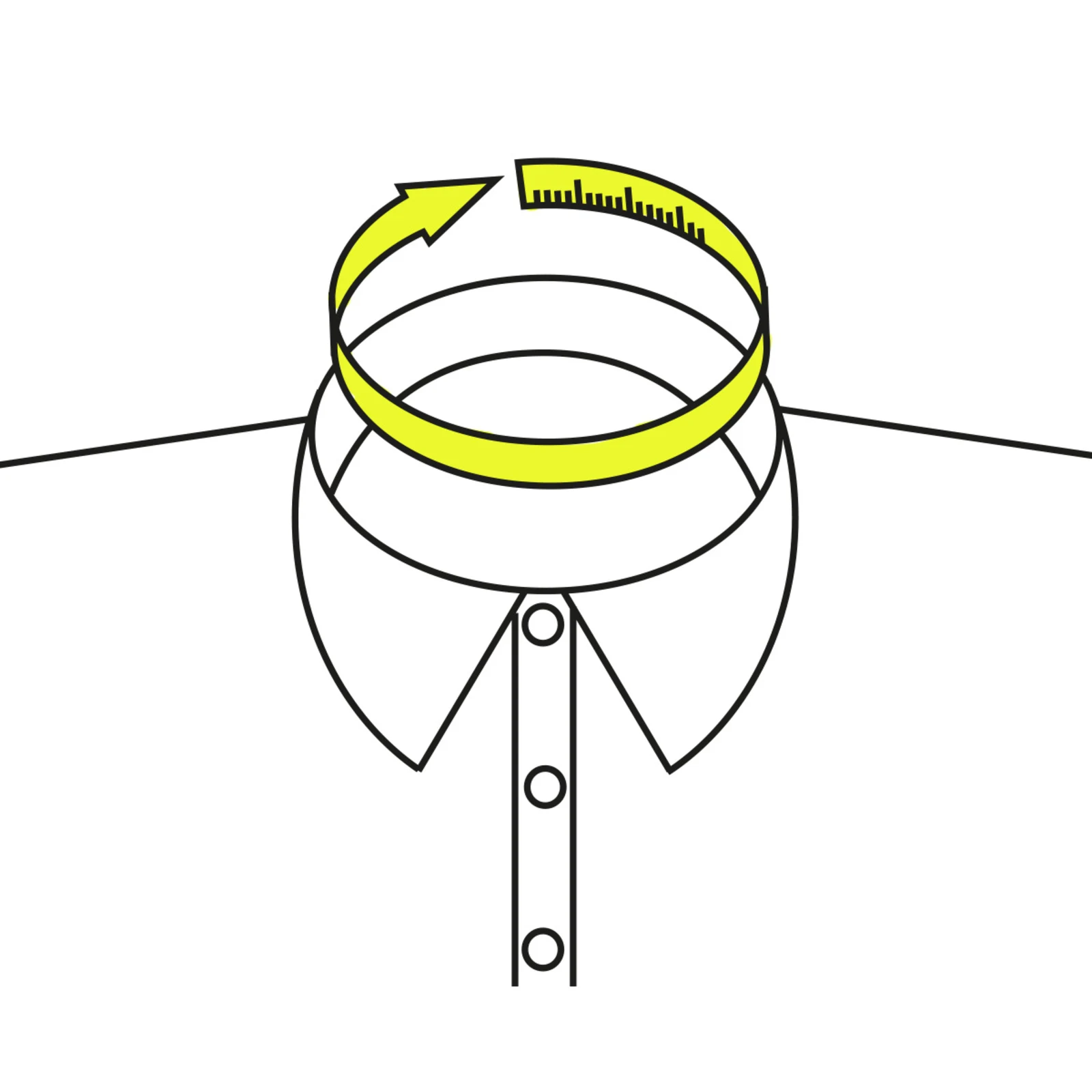 Illustration eines Hemdkragens mit gelbem Maßband, das um den Hals gelegt ist, zur Messung der Kragenweite. Illustration eines Hemdkragens mit gelbem Maßband, das um den Hals gelegt ist, zur Messung der Kragenweite.