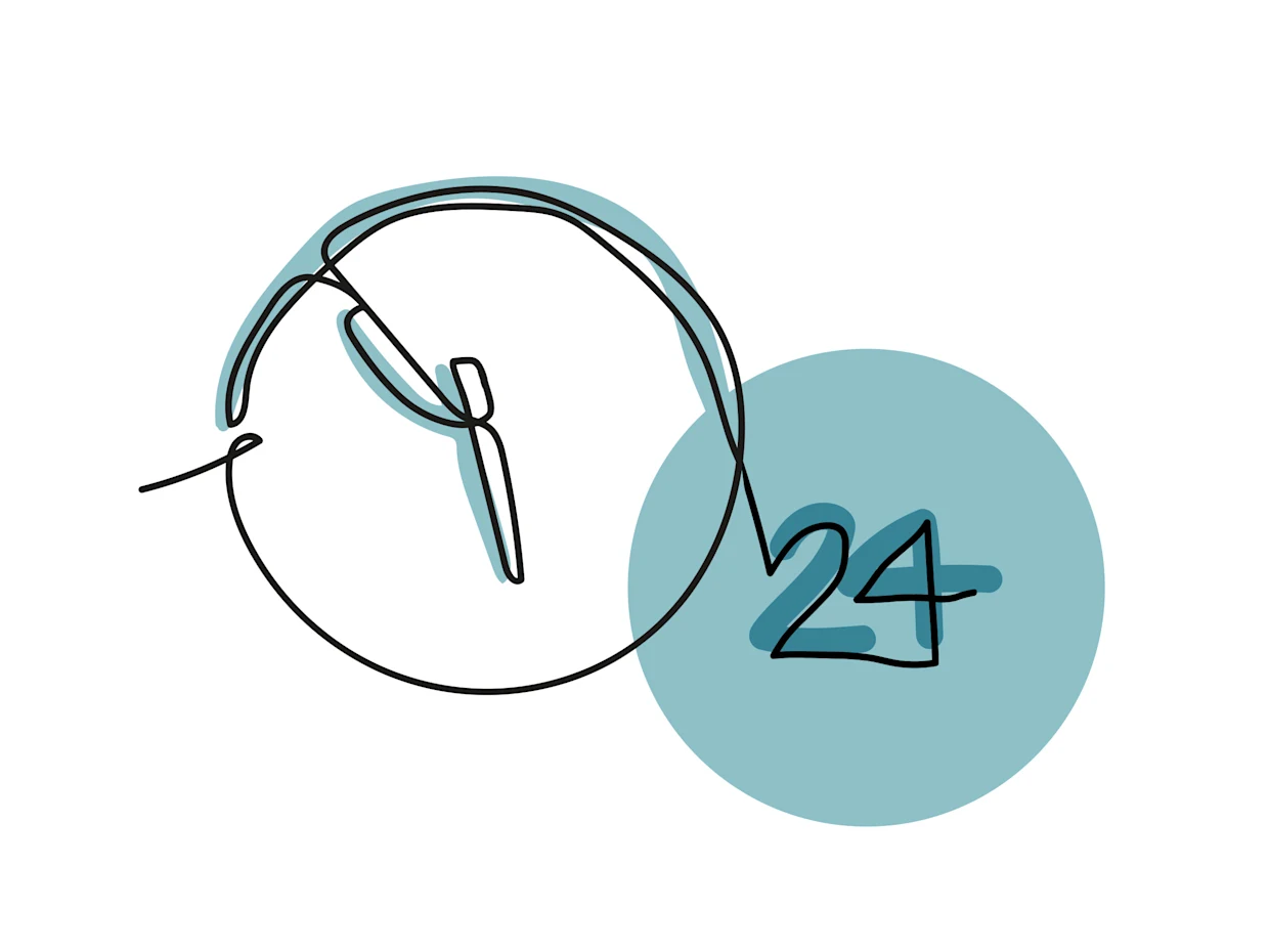 Das Symbol zeigt eine Uhr mit '24', symbolisiert Rund-um-die-Uhr-Service. Das Symbol zeigt eine Uhr mit '24', symbolisiert Rund-um-die-Uhr-Service.