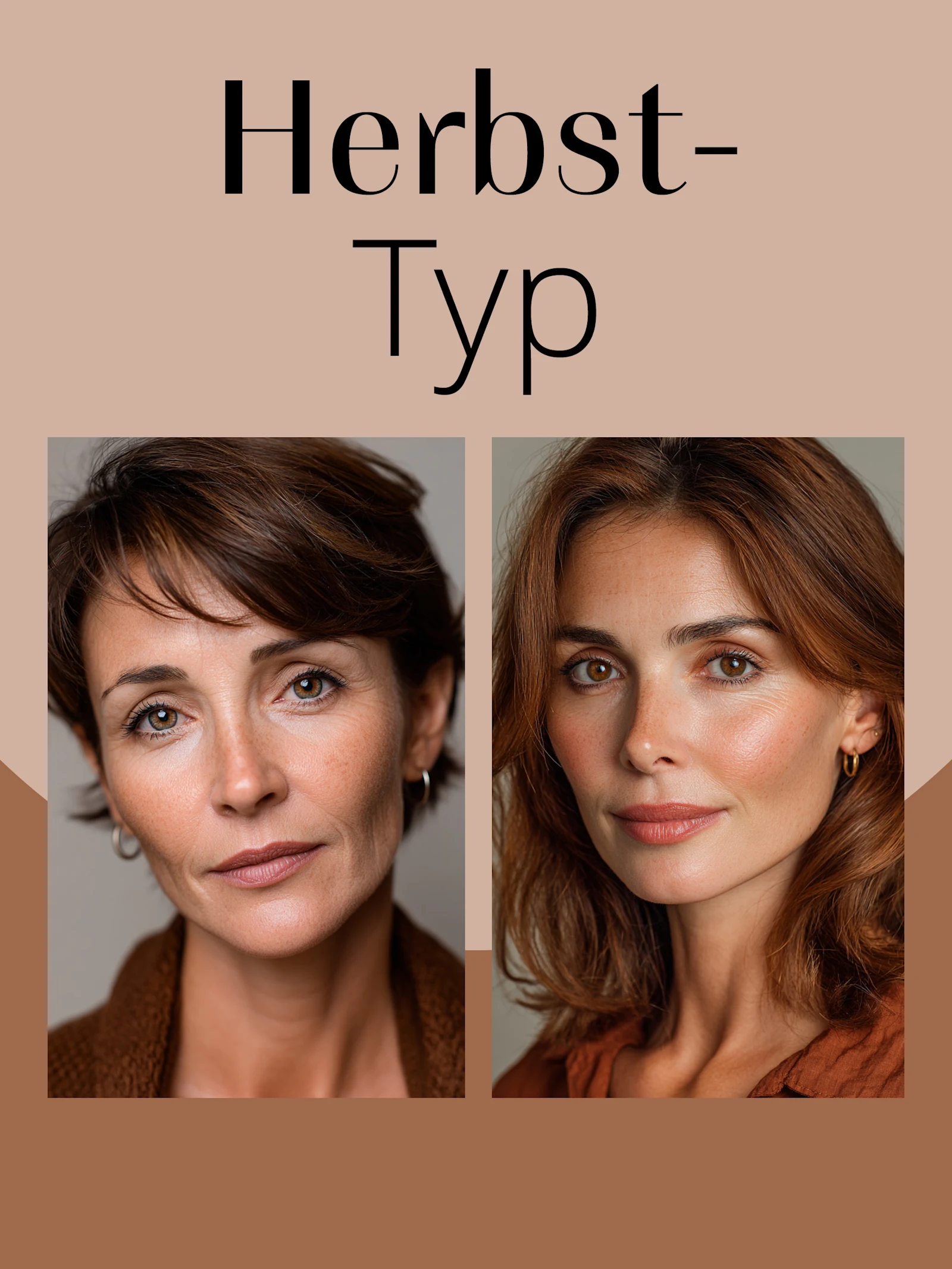 Eine Grafik auf der Herbsttyp steht und 2 Models zu sehen sind. Das eine Model hat dunkelbraune Haare und dunkelbraune Augen. Das andere Model rote Haare und braune Augen.