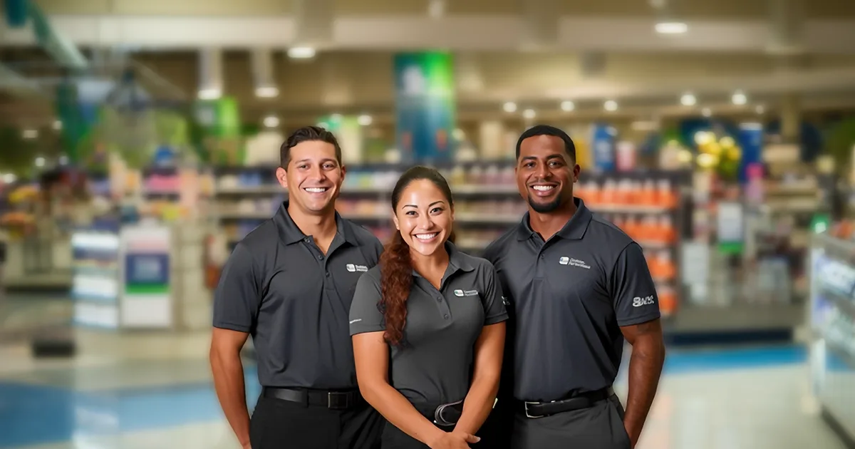 Three adult people two men and a woman standing inside a customer store