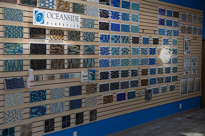 Oceanside. Oceanside glass tiles are displayed on a wall