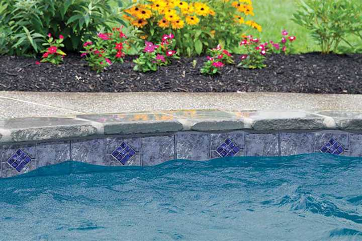 A swimming pool with blue tiles and flowers in the background .