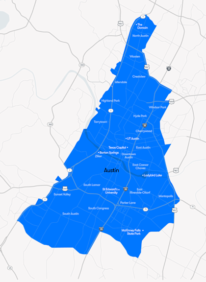 Austin service area from North to South Austin