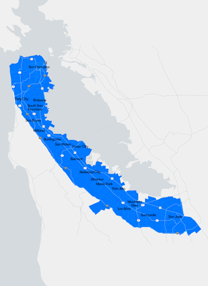 San Francisco Bay Area Service Area, covering San Francisco down to San Jose