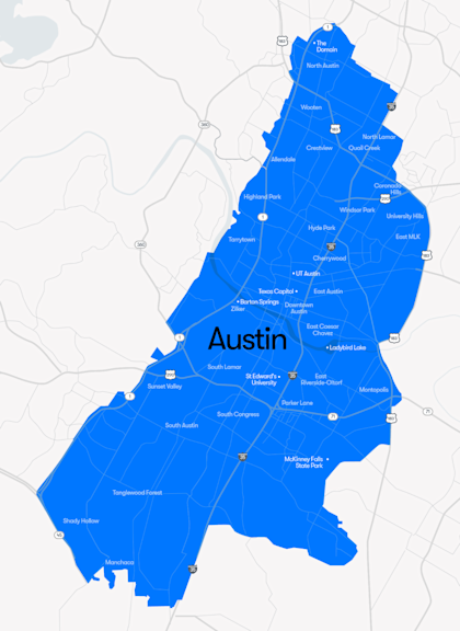 Map of Waymo service area in Austin
