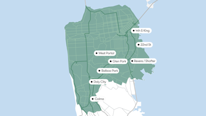 A map of the eight, eligible Bay Area transit stations supporting this pilot program, including Colma, Daly City, Balboa Park, Glen Park, West Portal, Revere/Shafter, 22nd Street, 4th & King.