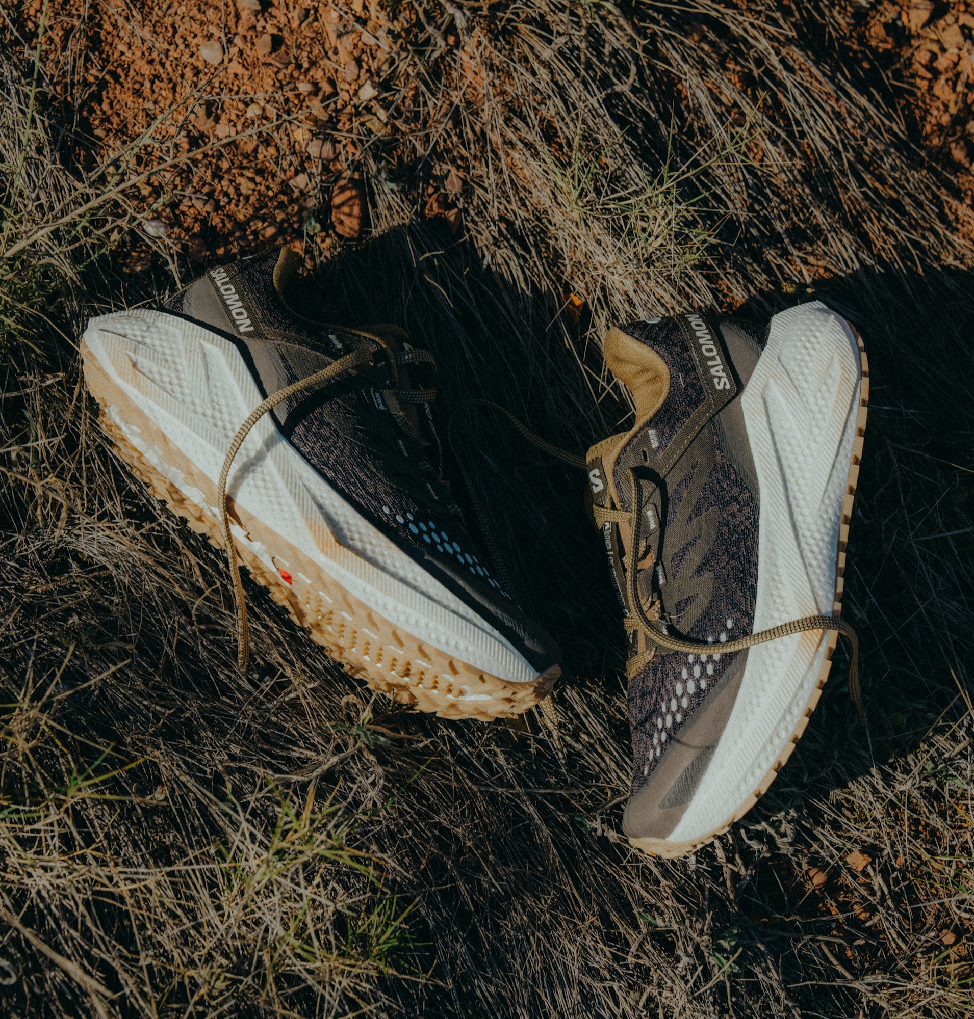 Pair of Salomon gravel running shoes lying on the grass