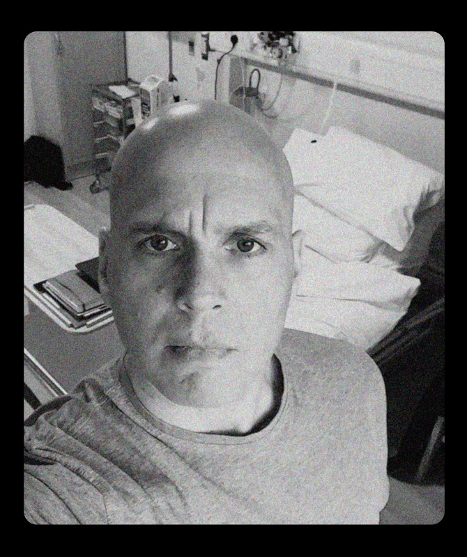 Jonathan Acott near his hospital bed / picture of a men running in  dawn 