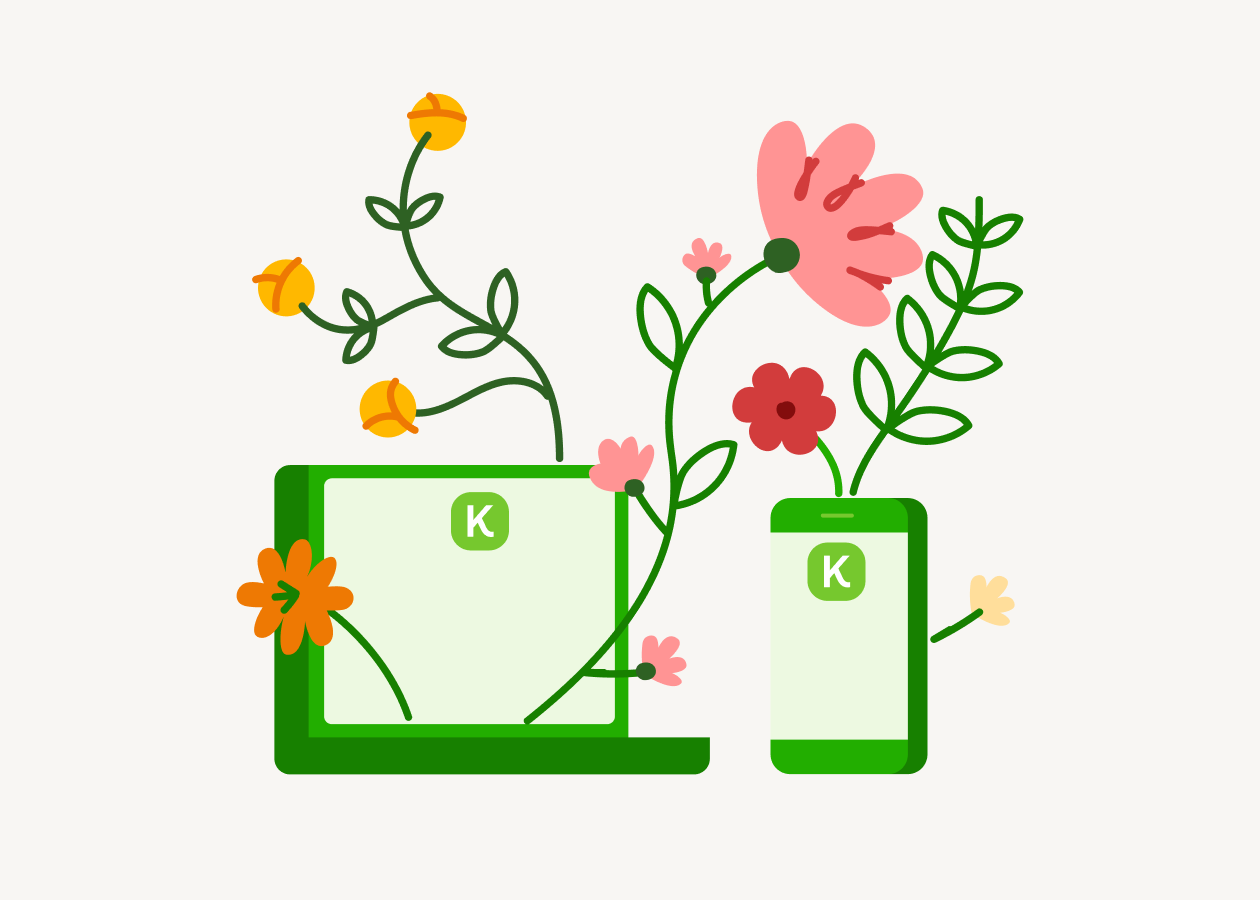 En illustration på en dator och telefon som det växer blommor från
