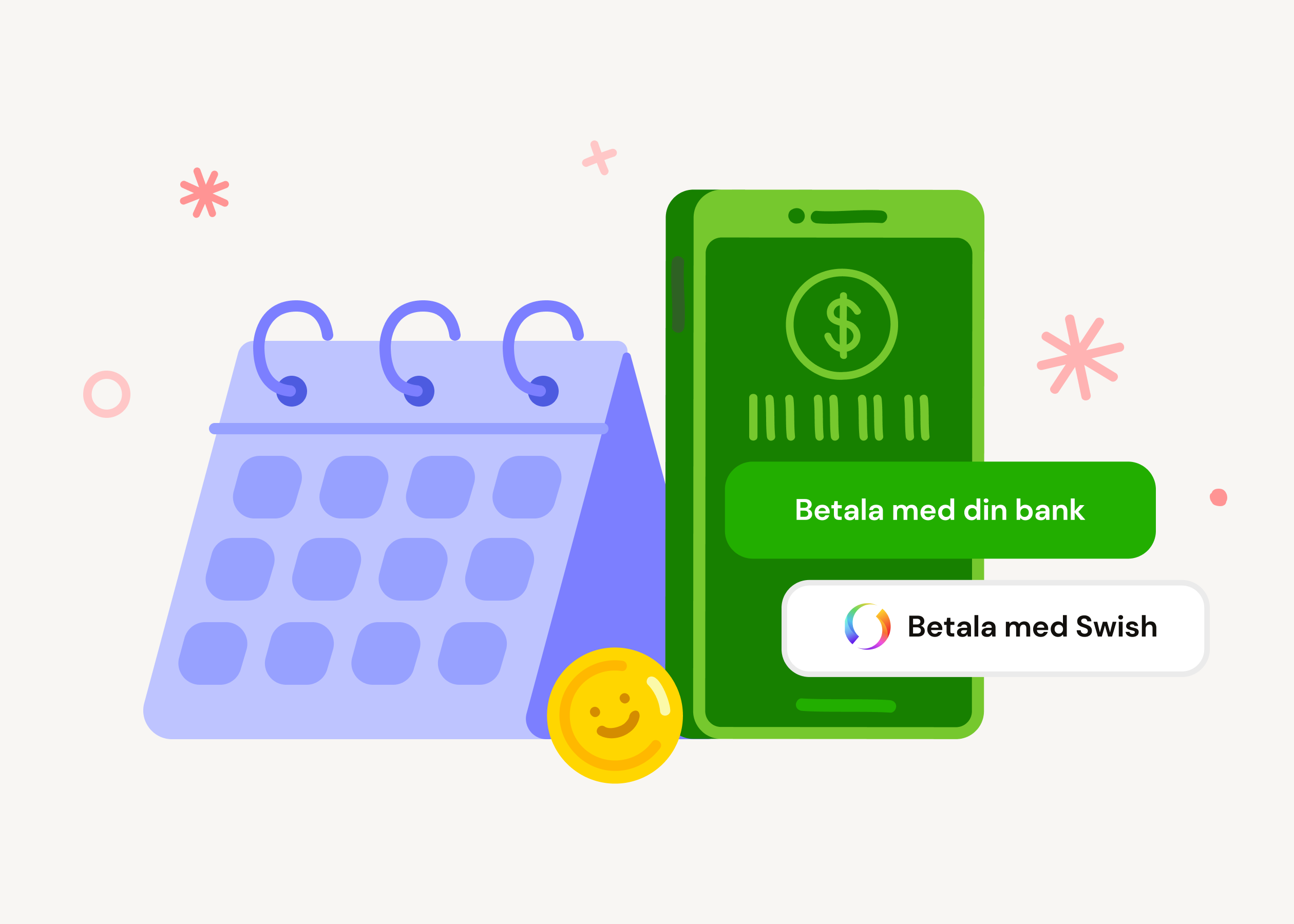 Illustration med kalender, mobil och swish