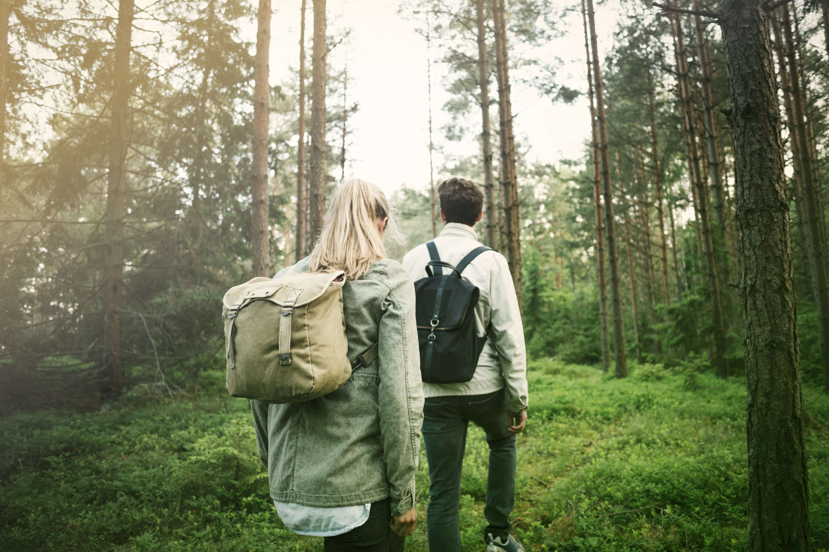Två personer som är på promenad i skogen.