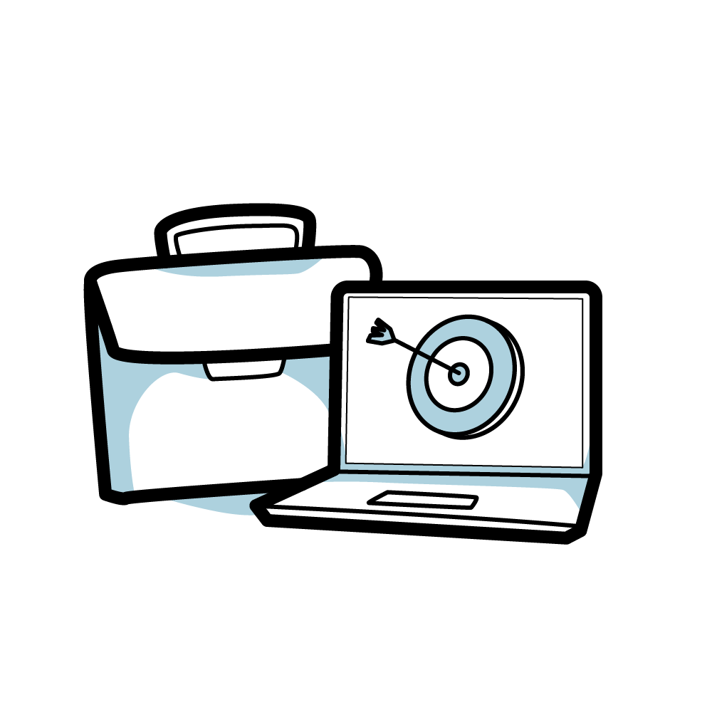 Graphic of a laptop in front of a briefcase. On the laptop screen is an archery target with an arrow in the bulls-eye.