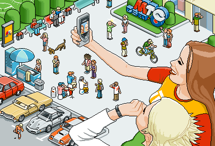 isometric pixel art illustration created for mts mobile operator, depicting a lively urban scene with people taking selfies, chatting, and engaging in everyday activities around a city plaza filled with cars, bicycles, and street vendors