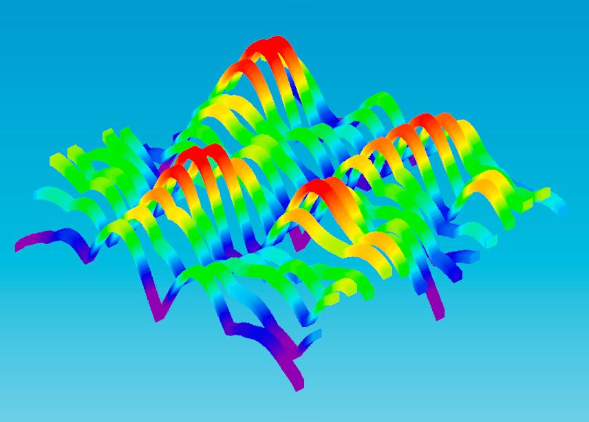 image generated using the landcraft program, showing a colorful 3d wave-like terrain made of curved ribbon structures representing height variations in a stylized topographic form