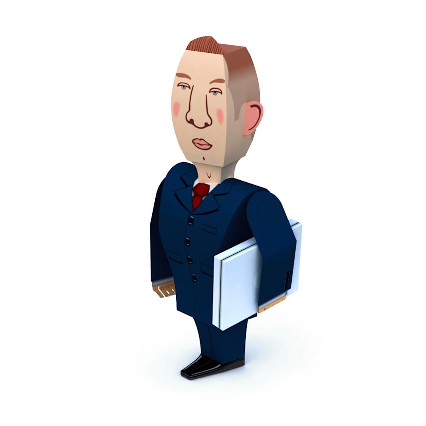 3d visualization of a paper figurine representing an investment manager character from the money basket game