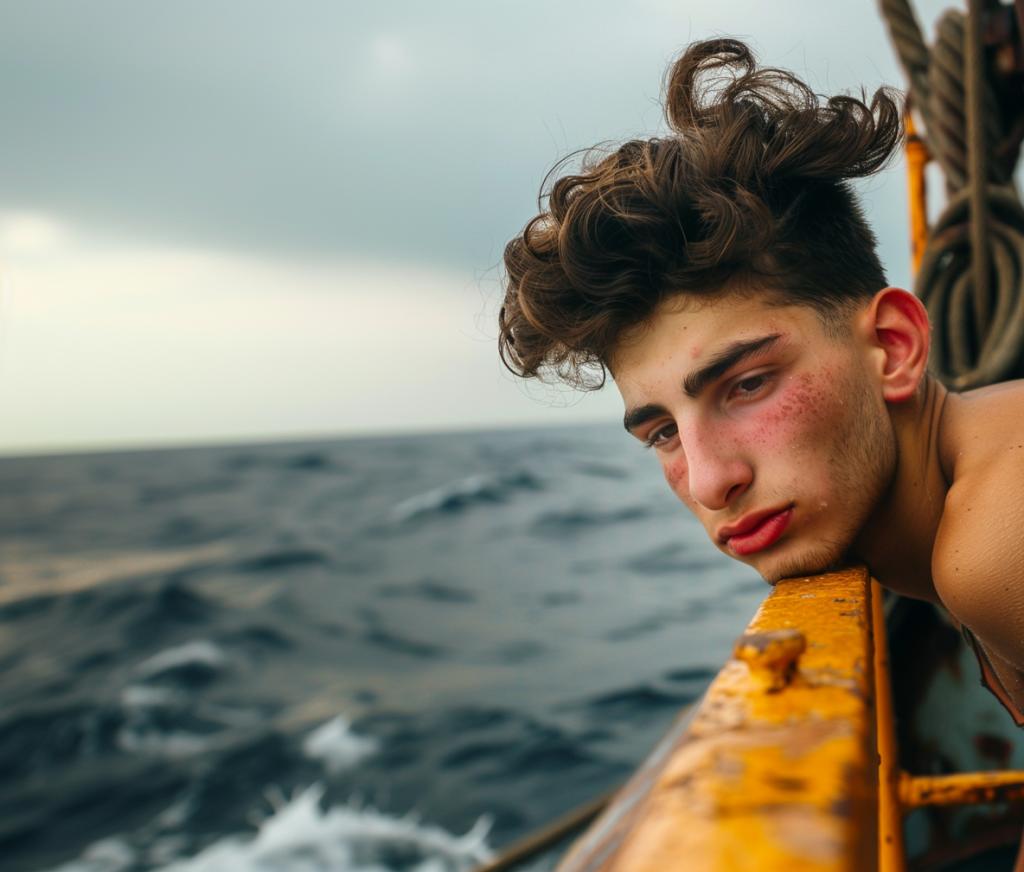 Closeup portrait of a young man with messy hair and red cheeks leaning over the railing on an old ship, he is looking out at the stormy ocean waters in the style of cinematic photography.