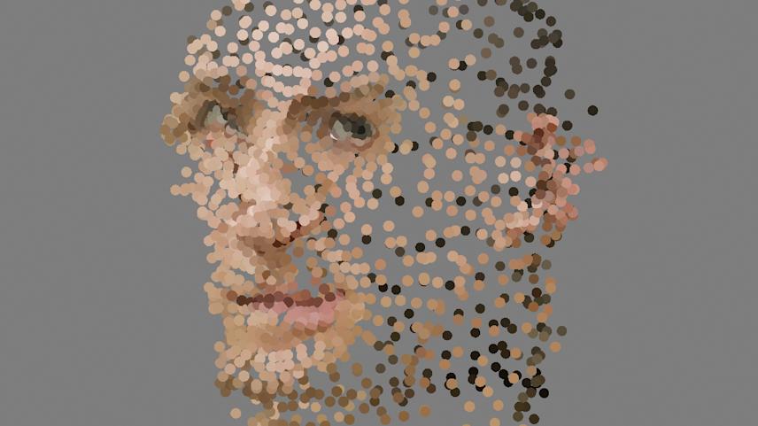 visual experiment with low poly 3d head model particle transition