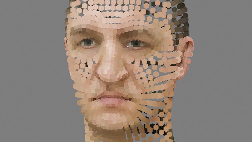 visual experiment with low poly 3d head model particle transition