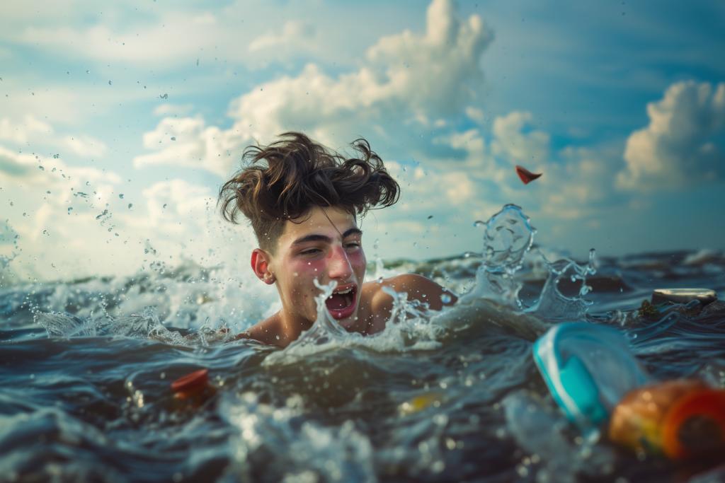 A photo of a terrified young man drowning in the sea, he is trying to catch plastic bottles floating on top of the water. He has brown hair and blue eyes. The sky above him is full of clouds. There is some trash around his head that floats on the surface of the ocean. It s summer time, the sun is shining brightly. Use a Sony 7 III camera with an 85mm lens at an F/2 aperture setting, in the style of Sony.