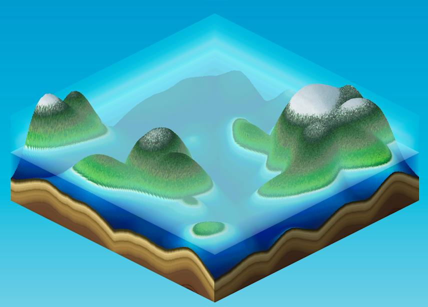 image generated using the landcraft program, depicting an isometric 3d terrain with islands, mountains, and snow-covered peaks surrounded by shallow water layers