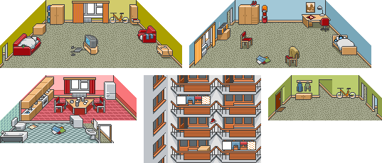 pixel art backgrounds from the dan & max game created for nokia, depicting isometric interiors of apartments, a kitchen, and an exterior view of a residential building