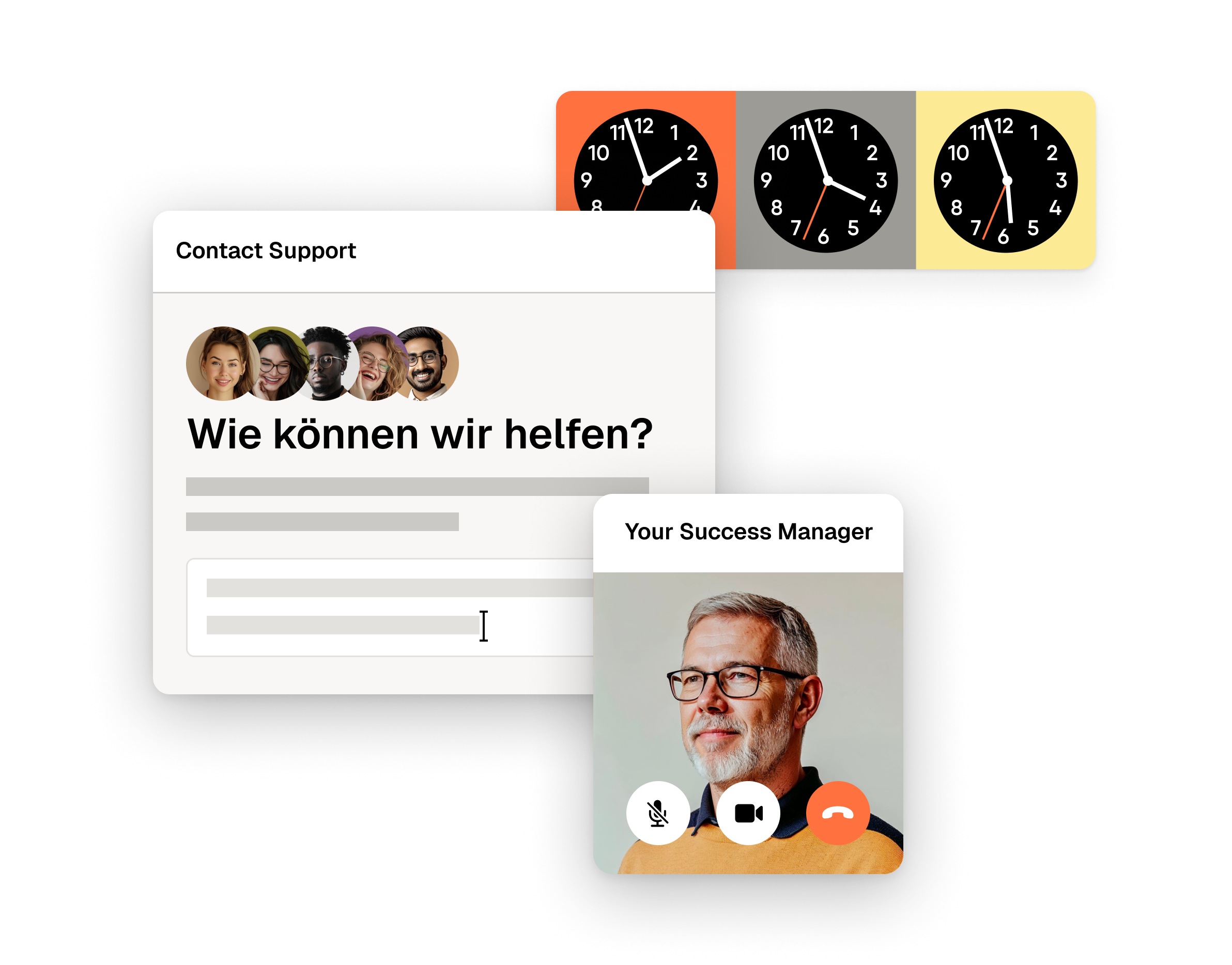 Simplified UI composition illustrating the platform’s 24/7 customer support experience