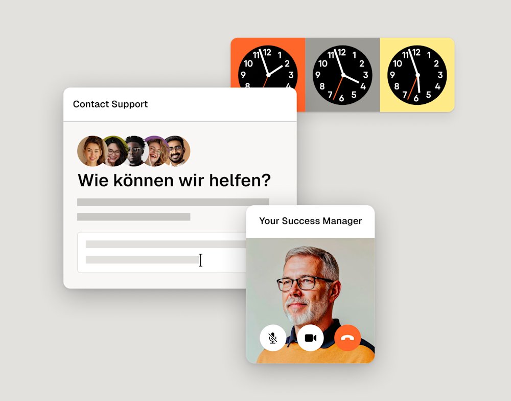 Simplified UI composition illustrating the platform’s 24/7 customer support experience