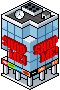 isometric pixel art illustration of a tall modern shopping center building with glass walls, red shop me! signs, and colorful details at the base for pixelcity game