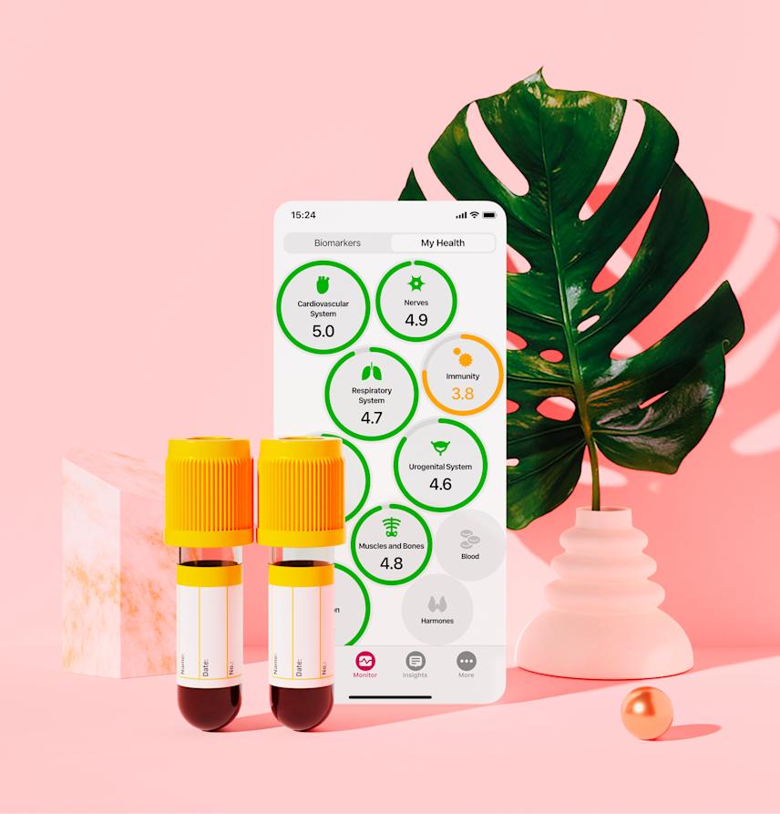 visual for the ornament health app showing a minimalist smartphone screen with bright abstract medical interface elements, clean typography, and circular graphic motifs symbolizing health monitoring and wellbeing