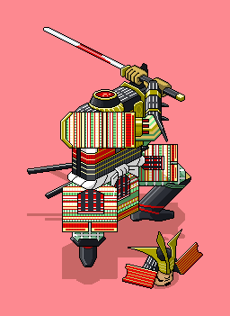 isometric pixel art illustration of a self-beheaded samurai with a sword in his hands