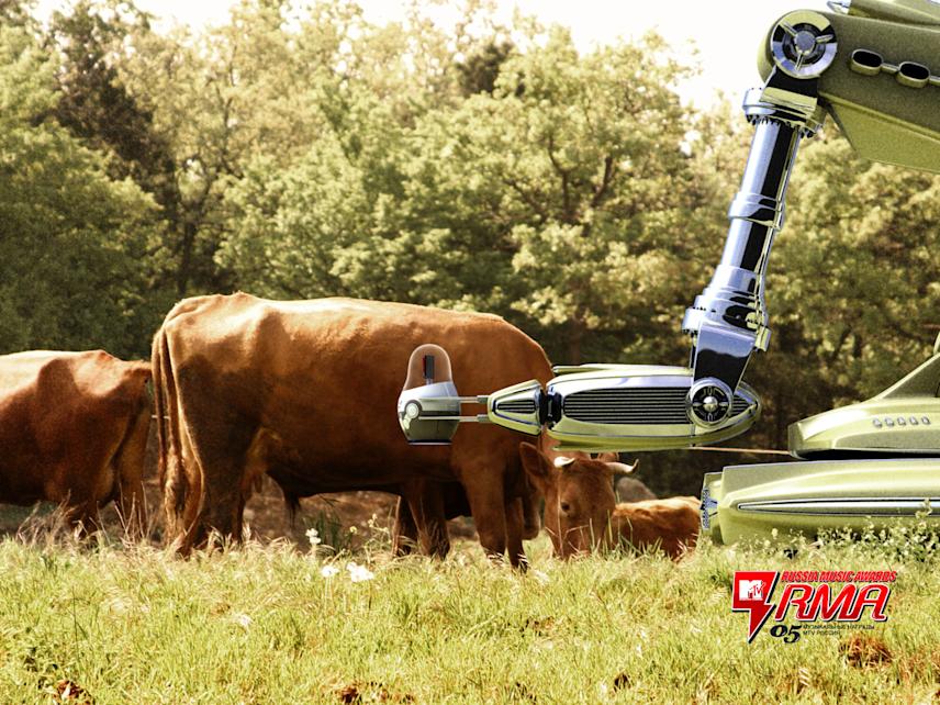 promotional visual for mtv rma.05 featuring a futuristic robotic arm interacting with cows in a pastoral landscape, juxtaposing advanced technology with rural nature