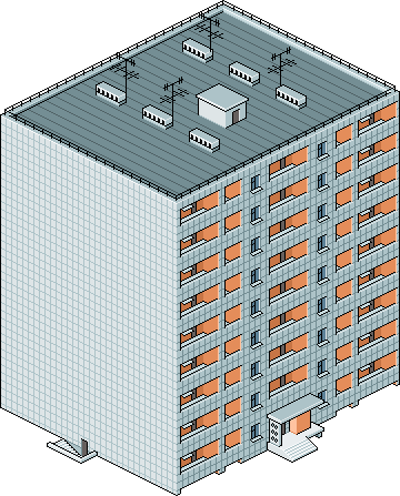 isometric pixel art illustration of a post-soviet residential apartment block featuring repetitive balconies, flat roof, and grey facade tones typical of eastern european urban architecture