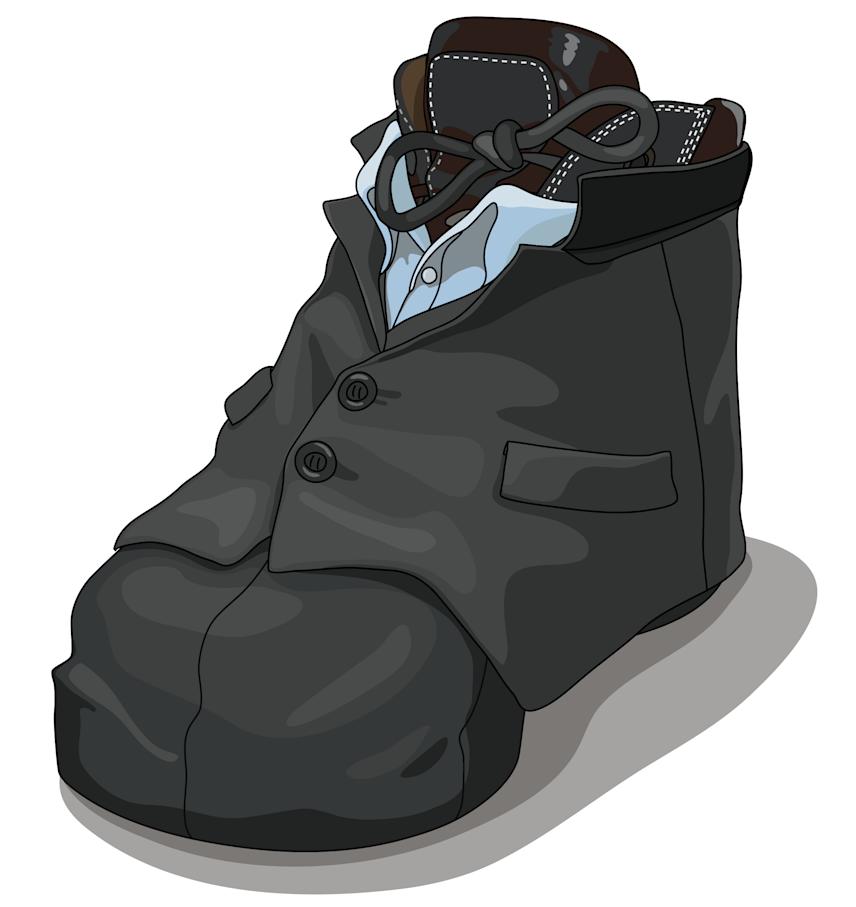 illustration created for waterlow, a company producing modern galoshes — depicting a humorous concept of a shoe styled as a tailored business suit, blending fashion and practicality