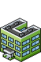 isometric pixel art illustration of a modern office building with a green facade, flat rooftop, and glass windows for pixelcity game