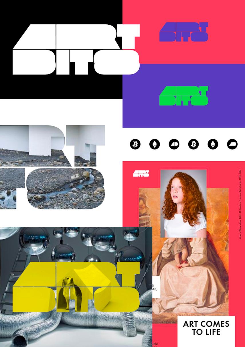 logo concept for artbits art project with a moodboard showing usage examples