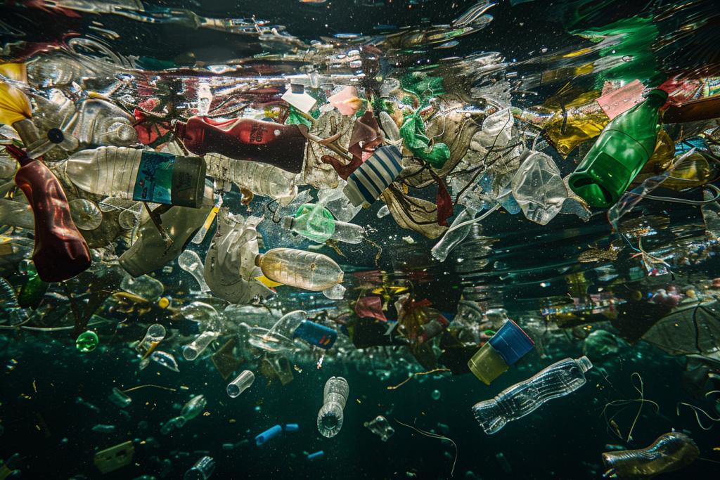 A wide-angle shot of an ocean surface covered in floating plastic waste, including bottles and bags, symbolizing the impact on marine life and the environment. The photo captures the vastness of debris suspended above water, emphasizing environmental issues in the style of vineg swal style raw.