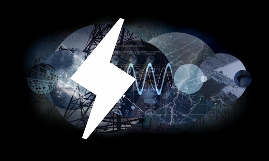 abstract collage for an energy institute in moscow with lightning shapes and power lines on dark background