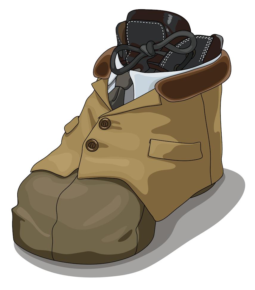 illustration for waterlow — a creative depiction of a galosh dressed in a beige business suit and tie, emphasizing the brand’s stylish and witty approach to modern footwear design