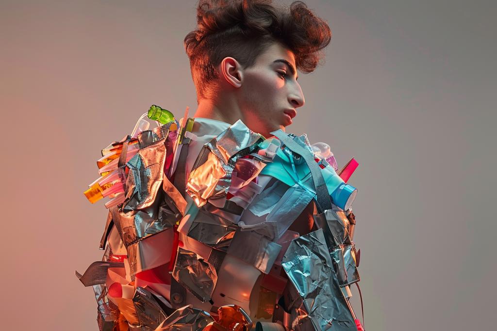 A male model wearing an outfit made of various colored plastic bags and packaging materials, with light from behind creating soft shadows on his face. The background is neutral to highlight details in color. He has dark hair styled in a quiff cut and poses for the camera, giving off an urban vibe. The style of the image is reminiscent of in the style of an urban photographer.