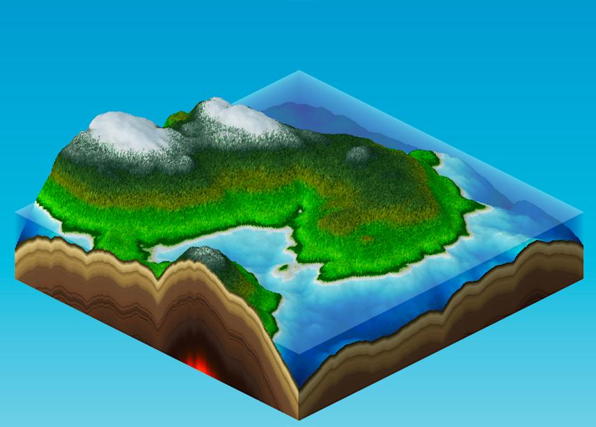 image generated using the landcraft program, showing an isometric 3d island landscape with forests, rivers, snowy mountains, and visible underground layers with a glowing volcanic core