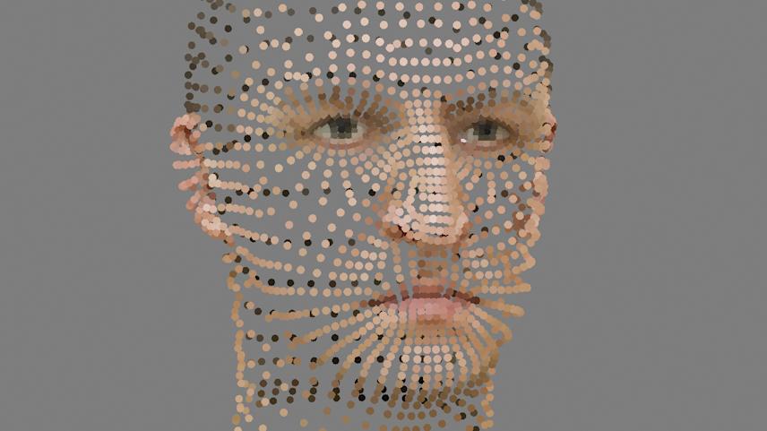 visual experiment with low poly 3d head model particle transition