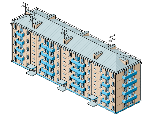 isometric pixel art illustration of a post-soviet residential apartment block