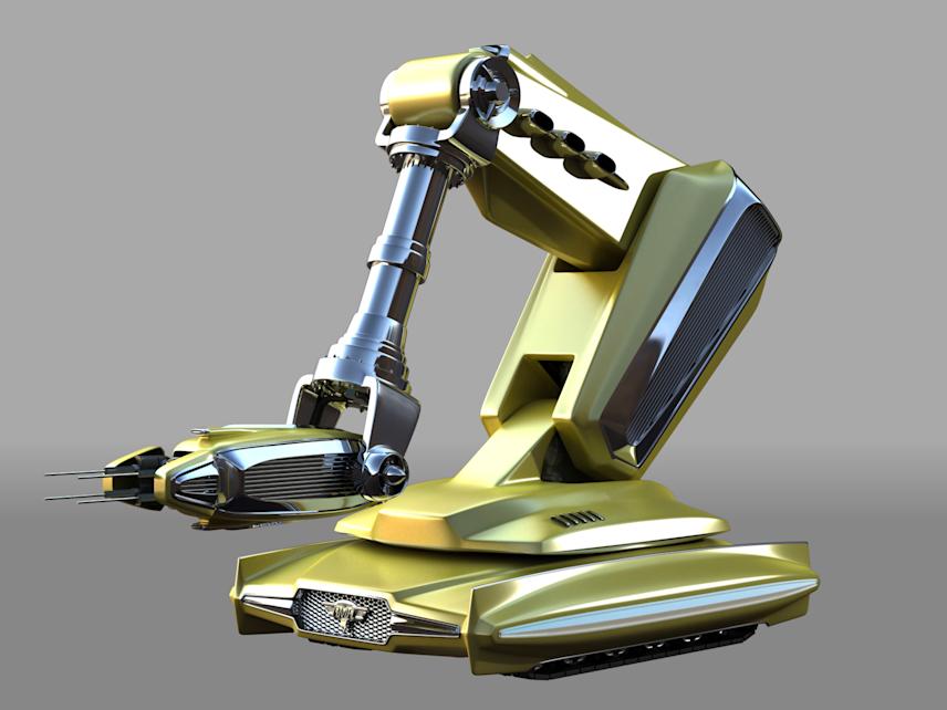 anti-utopian futuristic vehicle concept created for the mtv rma.05 website, featuring a sleek golden robotic design with chrome details and mechanical arm elements
