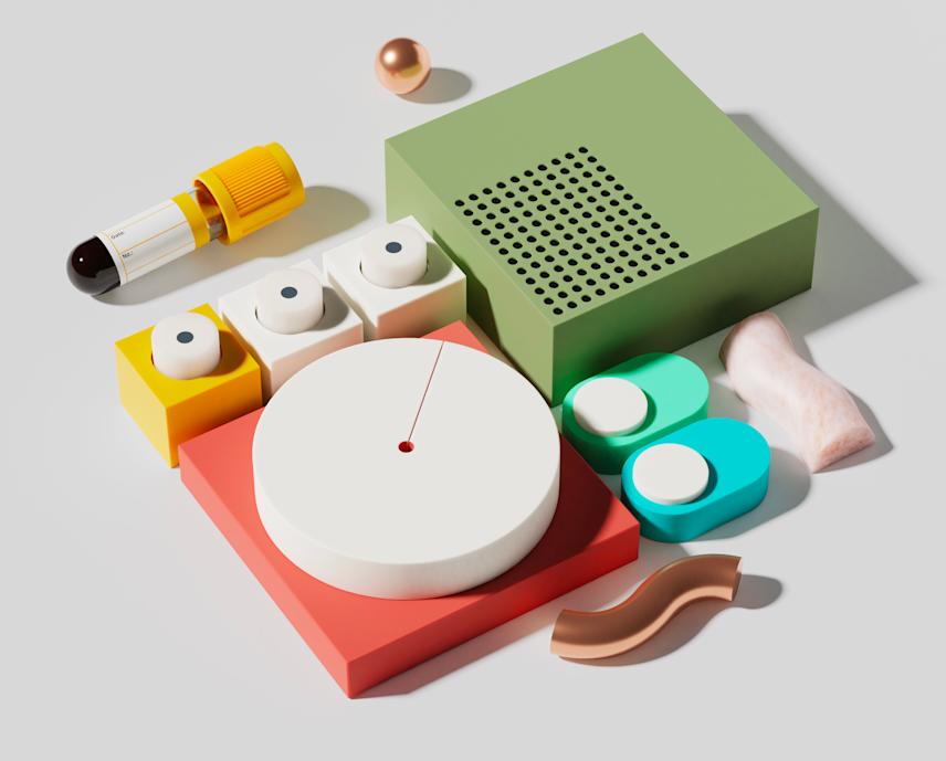 visual for the ornament health app featuring a composition of abstract geometric shapes symbolizing balance, knowledge, and curiosity connected to the data hidden in blood test results