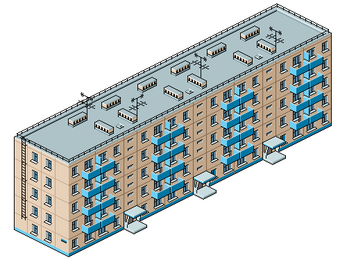 isometric pixel art illustration of a post-soviet residential apartment block