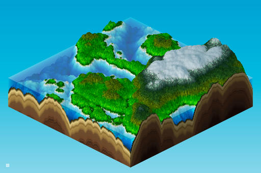 image generated using the landcraft program, showing a stylized 3d terrain with forests, rivers, and snow-covered mountains in an isometric view