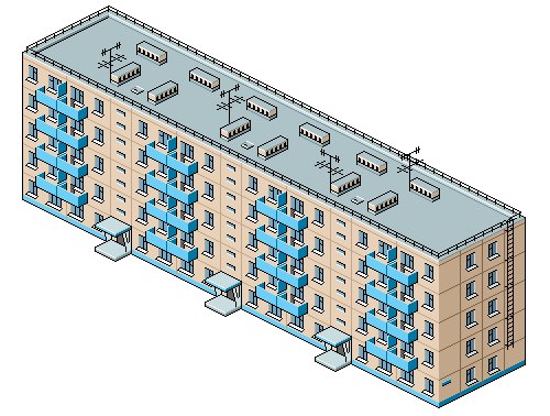 isometric pixel art illustration of a post-soviet residential apartment block featuring repetitive balconies, flat roof, and muted pastel facade tones typical of eastern european urban architecture