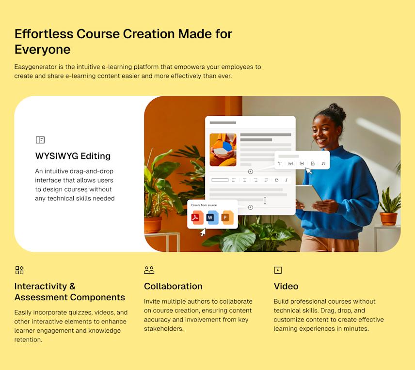 Feature highlight block explaining how quickly and easily courses can be created with Easygenerator