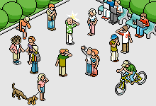 isometric pixel art scene showing people interacting in an urban park — chatting, taking selfies, walking a dog, and cycling — part of the mts mobile operator campaign series