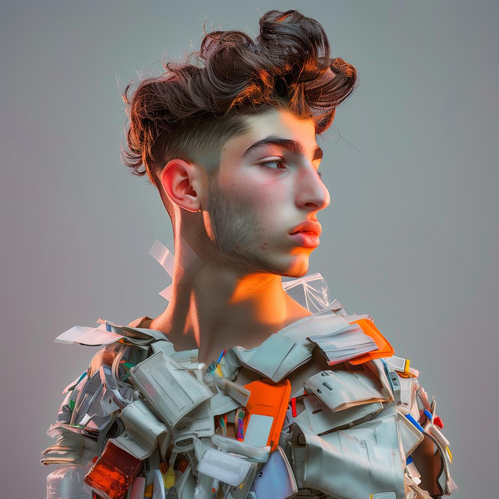 A photorealistic portrait of an attractive man with stylish hair, wearing made from plastic waste and solar panels, in front of grey background. The colors should be bright and vibrant, emphasizing the contrast between his natural features and futuristic attire. Focus on capturing intricate details like texture or patterns on pieces crafted using recycled materials.